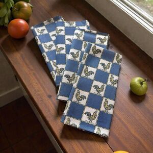 Vtg Waverly Dinner Napkins Set of 4 Roosters Farmhouse Blue Check Cotton 19.5”